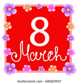 Red background 8 march with flowers. Vector illustration