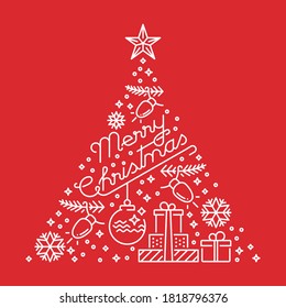 Red background about Christmas with white line icons. Christmas tree winter holidays greeting card