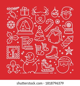 Red background about Christmas with white line icons. Square winter holidays greeting card