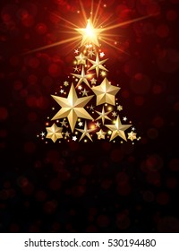 Red background with abstract Christmas tree from stars. Vector illustration.