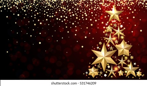 Red background with abstract Christmas tree and stars. Vector illustration.