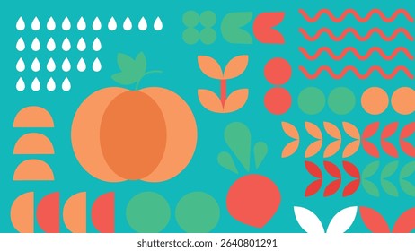 Red background with abstract citrus slices, leek stalks, seeds, and leaves in a modern vegetable illustration with geometric farm elements.