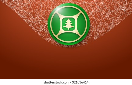 Red background with abstract cobweb and golden tree symbol