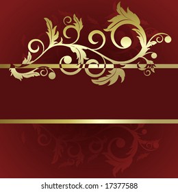 Red background with   abstract gold  branch  and leaves