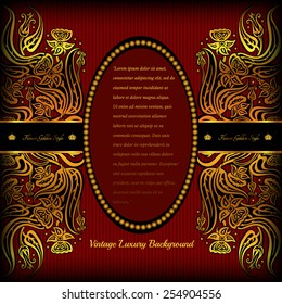 red background with abstract golden flower in left and right sides and oval banner middle for your text,card or greeting