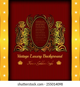 red background with abstract golden flower and vertical gold part with stars,card or greeting