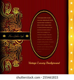 red background with abstract golden flower in left side and vertical gold line with stars in right oval banner middle for your text,card or greeting