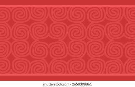 red background with abstract swirls in a seamless pattern, top and bottom with ornate horizontal borders.Ideal for presentations, festive designs, packaging,culinary or educational content