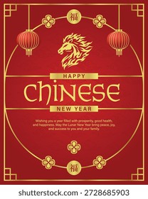 Fondo rojo con tipografía dorada auspiciosa deseando un feliz Año Nuevo chino Elementos tradicionales como linternas ornamentadas, bordes dorados, patrones de nubes con el símbolo del caballo de fuego