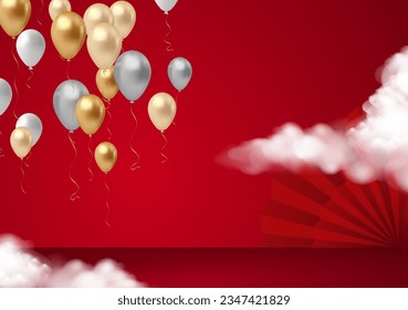 Red background with balloons and paper clouds. Eps 10 vector file.