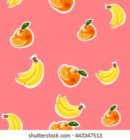 Red background with bananas, oranges and lemons