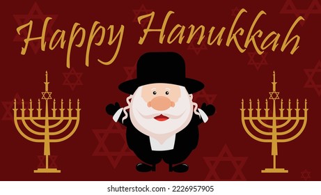 Red background or banner of hanukkah celebration with cartoon jewish traditional dress people