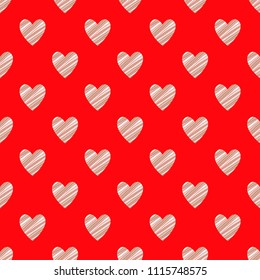 Red background with beige striped hearts. Bright vector illustration. Romantic seamless pattern. Velentines's day decoration.