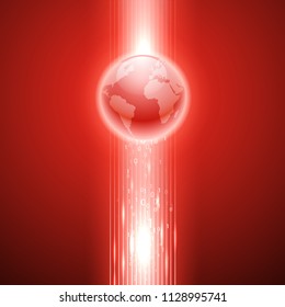 Red background with binary code to the globe.