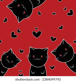 Nahtloses Muster mit schwarzen Katzenkarikaturen auf schwarzem Hintergrund mit Herzen, Vektorgrafik.
