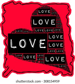 Red background with black color type font create Love heart illustration together vector print pattern. For fashion and graphic design, valentines day gift card and tag design, T shirt print,poster