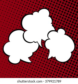 Red Background with Black Dots ,Three  Speech Bubbles on Pop Art Halftone Background,   Conversation, Retro Style, Vector Illustration