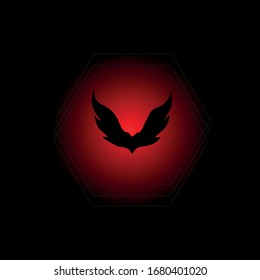 
red background in black frame, angel wing, geometric, logo