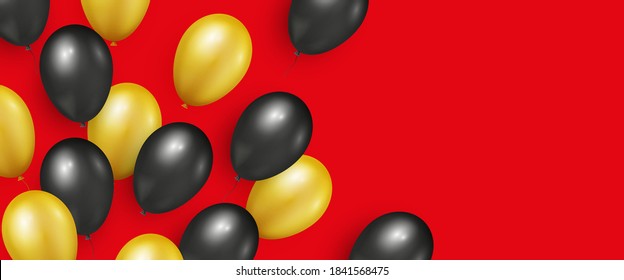 Red background with black and gold realistic glossy balloons for Black Friday Sale banners and flyers