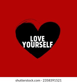 Red background with black heart shape and message "Love Yourself" vector design.