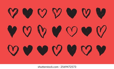 Red background with black hearts. Various heart shapes in black. Hearts pattern on red. Black hearts on a red canvas. Repeated heart motifs in black. Cute hand drawn Valentine's Day vector set.
