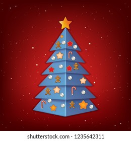 red background with blue Christmas tree and decorations