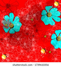 fondo rojo con flores azules