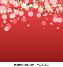 Red background with bokeh effect and colorful light bulbs