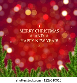 Red Background With Bokeh Firtree Border With Gradient Mesh, Vector Illustration