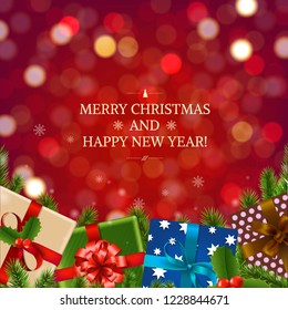 Red Background With Bokeh Firtree Border And Gift Box With Gradient Mesh, Vector Illustration