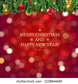 Red Background With Bokeh And Firtree With Gradient Mesh, Vector Illustration