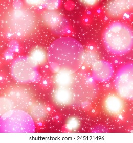 red background with bokeh lights snowfall. Perfect template for posters, websites, magazines, brochures, catalogs