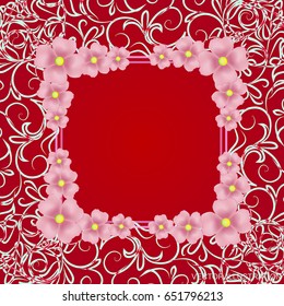 Red background with border, flowers and ornaments. Vector illustration.