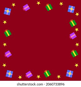 Red background bordered with many gifts.