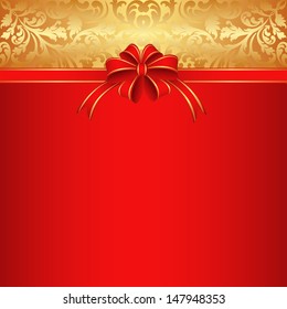 red background with bow for gifts and gold ornaments