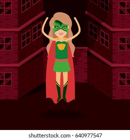 red background buildings brick facade with superwoman standing in outfit with hand up vector illustration