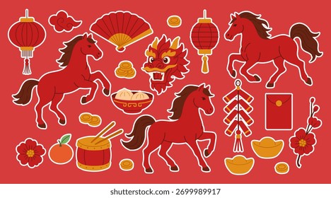 A red background with a bunch of different symbols and objects, including a horse, a dragon, and a bowl