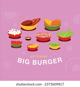 red background with burgers ingredients bowls let s make tasty fast food home cartoon vector design illustration