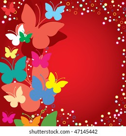 Red background with butterflies, vector illustration