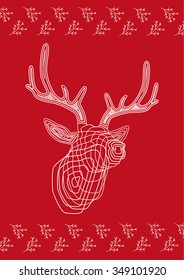 red background. card. deer. line. pattern of branches