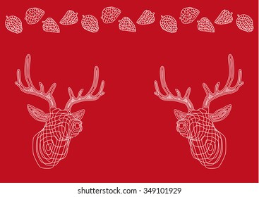 red background. card. deer. line. pattern fir cone