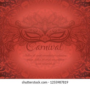 Red background  with carnival mask and floral pattern for design invitation card, flyer, poster on the fastival. New orleans Mardi Gras. Vector illustration.