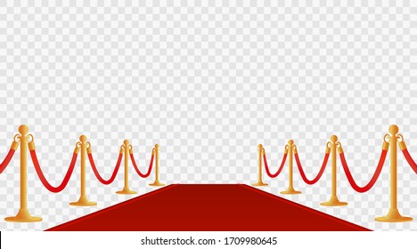 Red background with carpet and path barriers 3d vector illustration. Luxury entrance to vip event or celebrity party isolated on white background. Premiere show ceremony.
