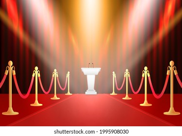 Red background with carpet, path barriers 3d and curtain.White podium tribune with microphones. Luxury entrance to vip event or celebrity party isolated on white background. Stock vector background.