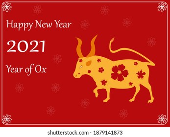 Red Background Chinese Happy New Year 2021 Greeting Filled with Ox and Flowers