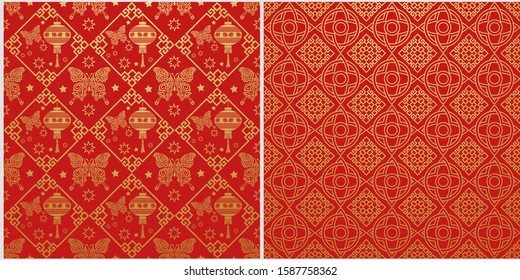 Red background. Chinese new year. Set of 2 templates for your design. Colors in the picture: red, gold. Chinese Japanese style. Vector illustration.
