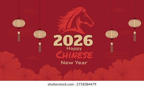 Fundo vermelho para Ano Novo chinês 2026 com um cavalo e flores. Projeto dedicado ao Ano Novo Lunar 2026, o Ano do Cavalo. Celebrando o Ano do Cavalo. Ilustração vetorial.