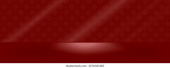 Red background, Chinese pattern, display space, Chinese New Year, Lunar New Year, display products and promotions.