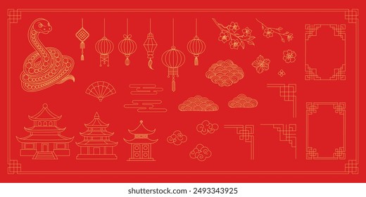 A red background with a lot of Chinese symbols and designs. The symbols include a dragon, a lotus flower, and a temple. Scene is one of celebration and cultural significance