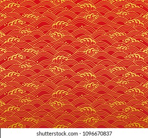 red background of Chinese wave illustration.